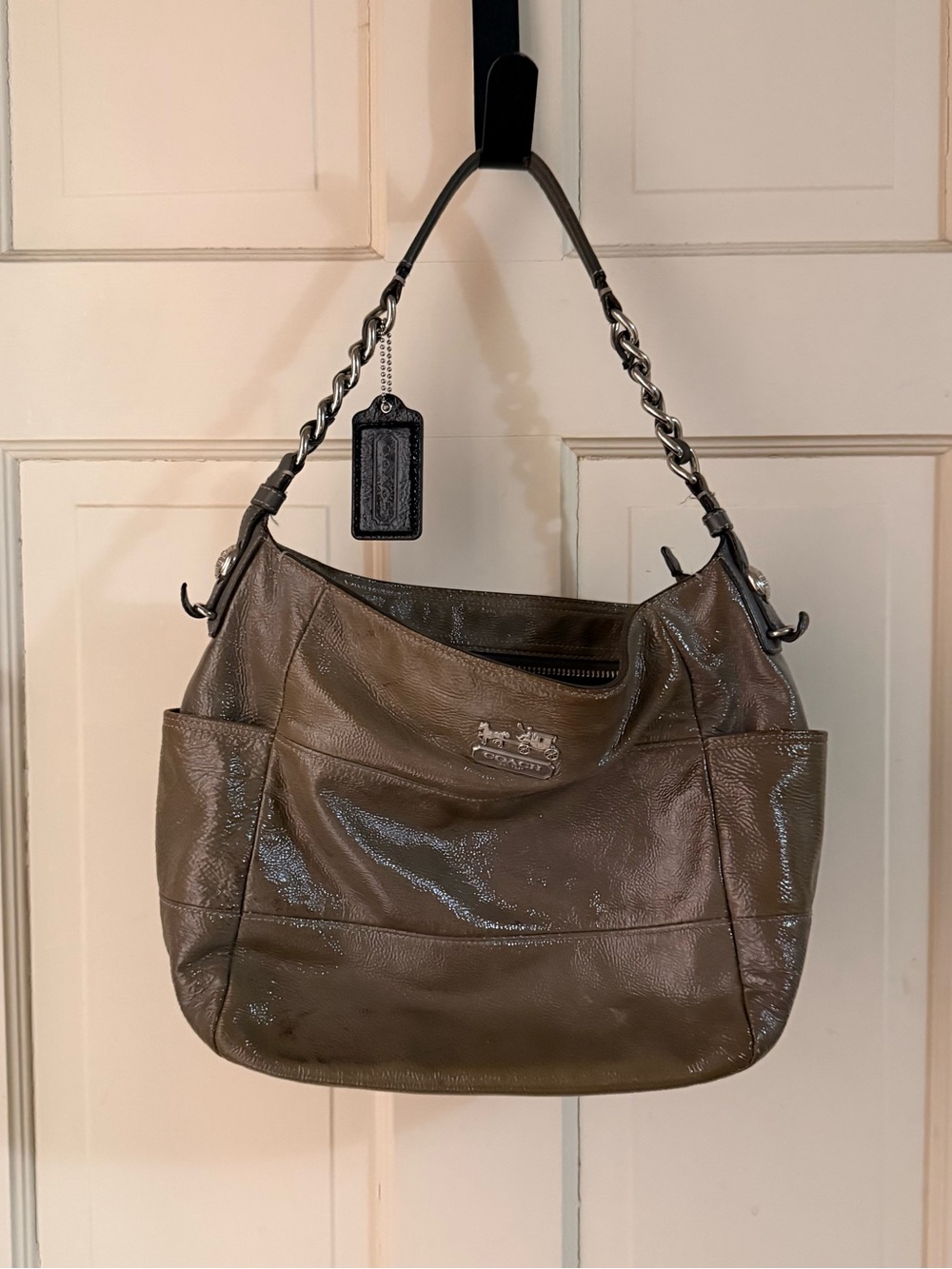 Coach Metallic Olive Green Leather Shoulder Bag with Chain-Trim Silver Hardware